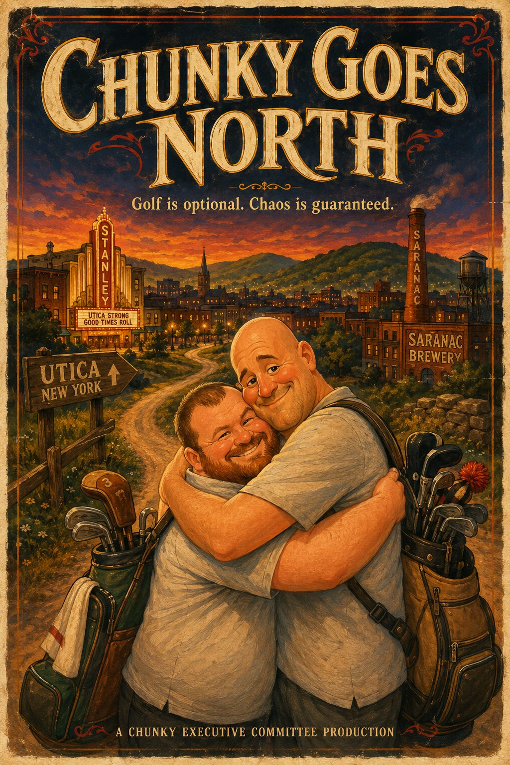 Chunky Goes North: hand-painted poster of the crew walking north toward Utica